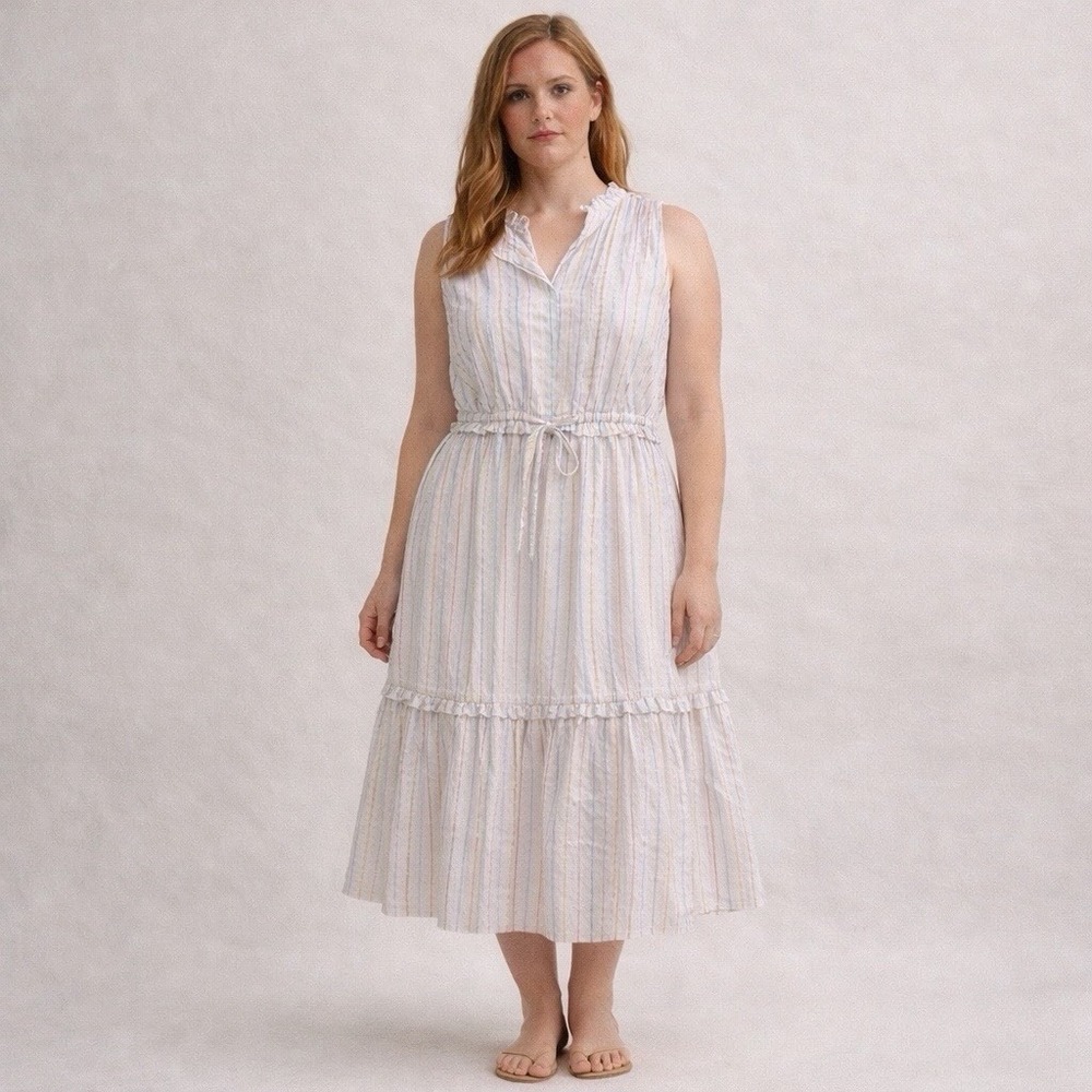 J Crew Striped Midi Dress Sleeveless Ruffle‎ Neck Drawstring Waist Size 12